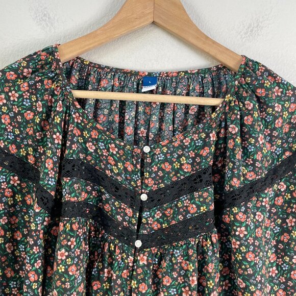 Old Navy Womens Large Floral Boho Blouse Black Multicolor Lace Trim Long Sleeves - Picture 8 of 10